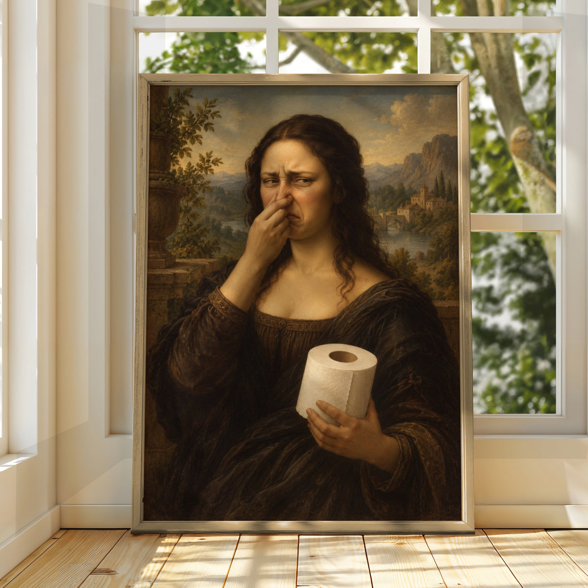 Funny Classical Portrait Print, Woman Holding Toilet Roll, Humorous Bathroom Wall Art Poster