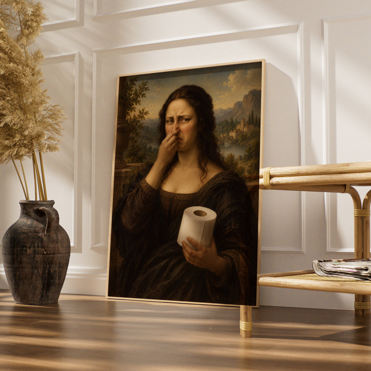 Funny Classical Portrait Print, Woman Holding Toilet Roll, Humorous Bathroom Wall Art Poster