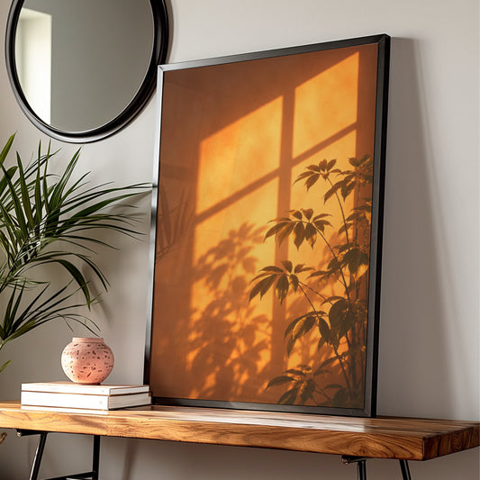 Golden Sunlight Plant Shadow Wall Art, Warm Orange Botanical Print, Modern Living Room Poster — Digital Download