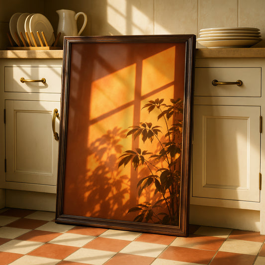 Golden Sunlight Plant Shadow Wall Art, Warm Orange Botanical Print, Modern Living Room Poster