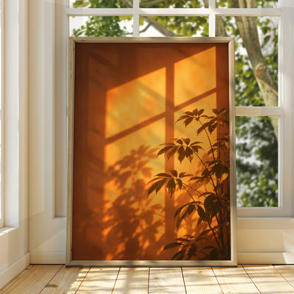 Golden Sunlight Plant Shadow Wall Art, Warm Orange Botanical Print, Modern Living Room Poster