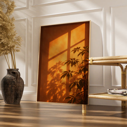 Golden Sunlight Plant Shadow Wall Art, Warm Orange Botanical Print, Modern Living Room Poster