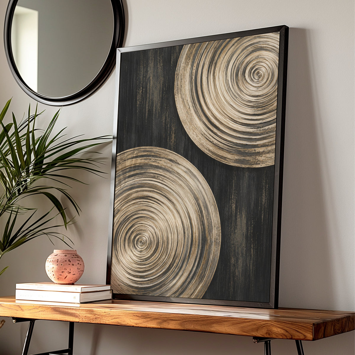 Gold Black Spiral Circle Abstract Wall Art, Bold Geometric Modern Art Print, Living Room Statement — Digital Download