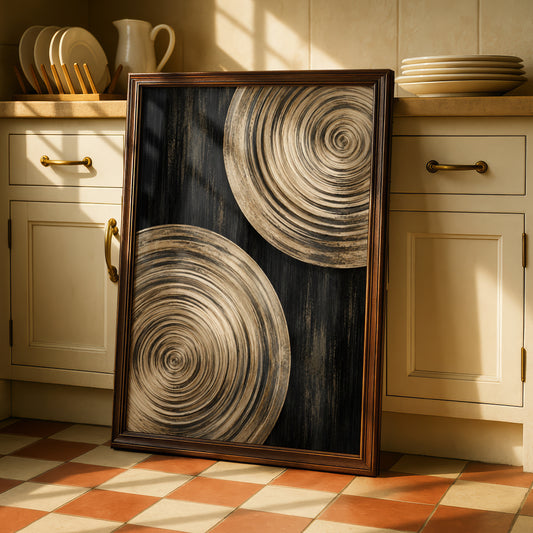 Gold Black Spiral Circle Abstract Wall Art, Bold Geometric Modern Art Print, Living Room Statement
