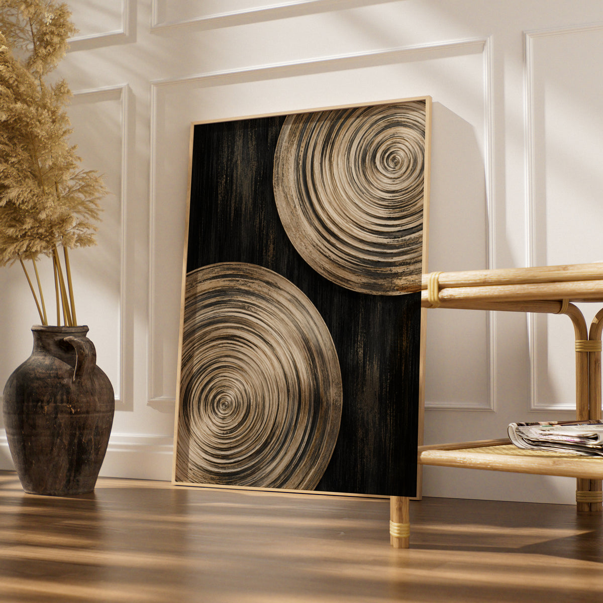 Gold Black Spiral Circle Abstract Wall Art, Bold Geometric Modern Art Print, Living Room Statement
