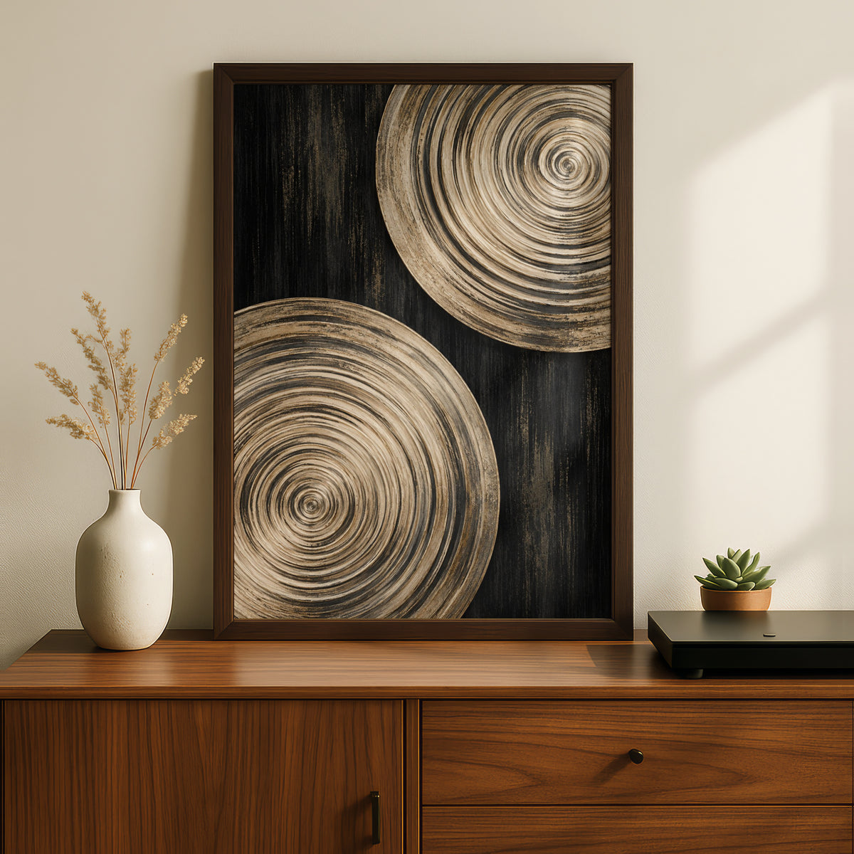 Gold Black Spiral Circle Abstract Wall Art, Bold Geometric Modern Art Print, Living Room Statement