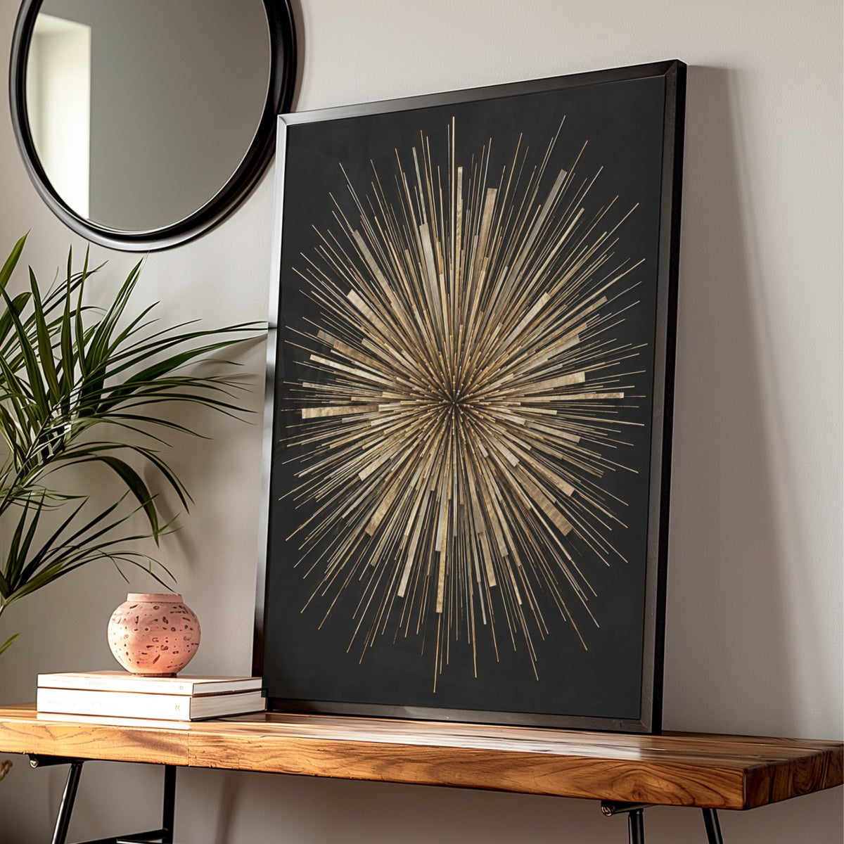 Gold Starburst Abstract Art Print, Bold Geometric Sunburst Poster, Black Gold Wall Art — Digital Download