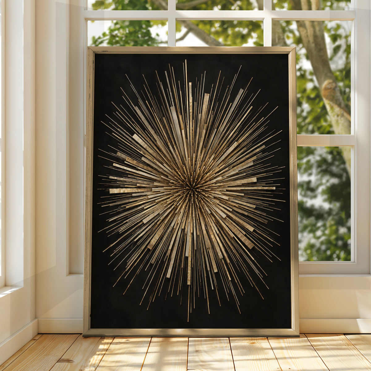 Gold Starburst Abstract Art Print, Bold Geometric Sunburst Poster, Black Gold Wall Art