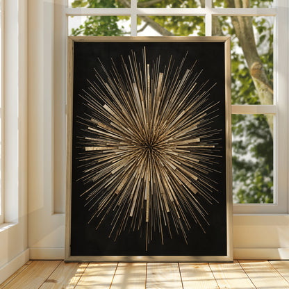 Gold Starburst Abstract Art Print, Bold Geometric Sunburst Poster, Black Gold Wall Art