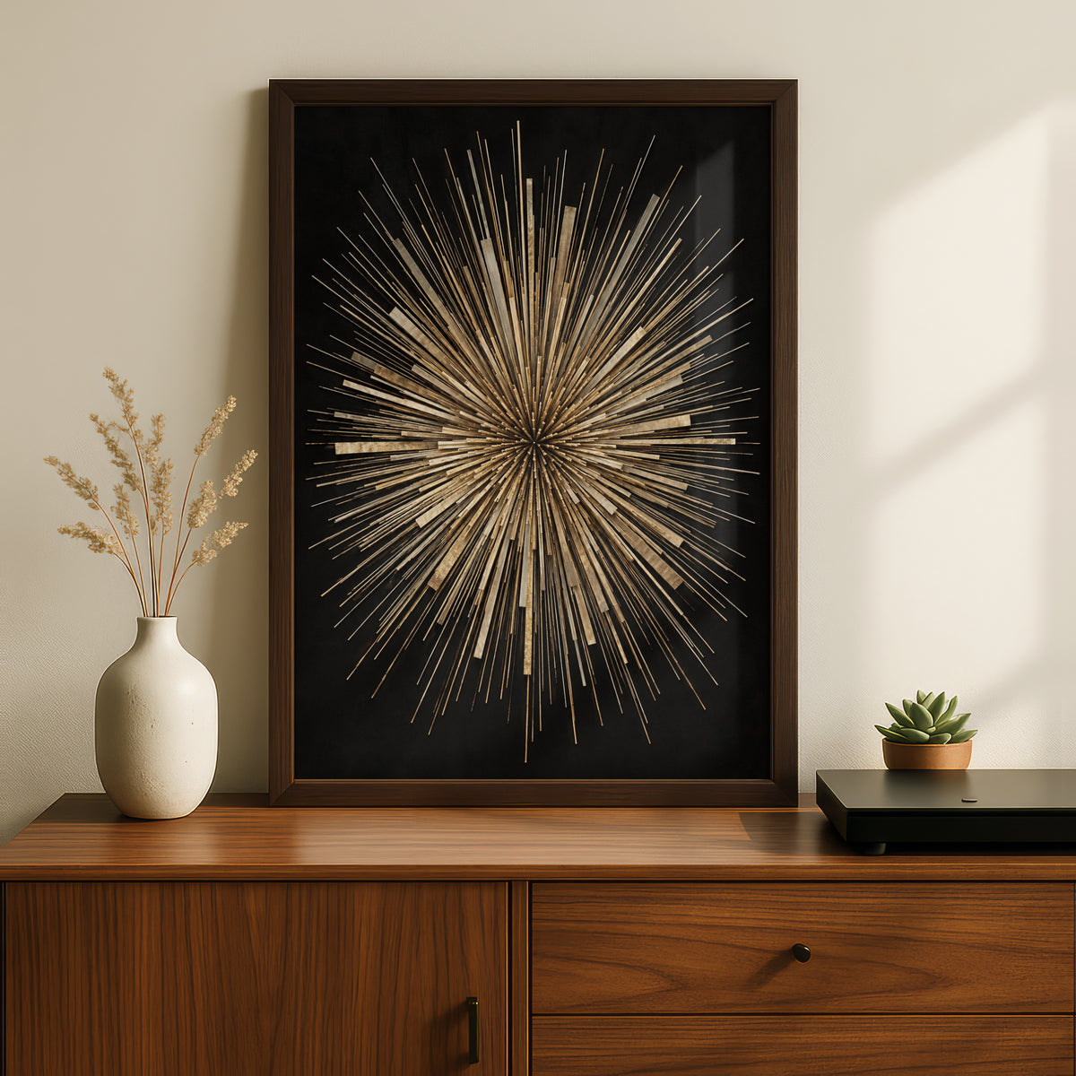 Gold Starburst Abstract Art Print, Bold Geometric Sunburst Poster, Black Gold Wall Art