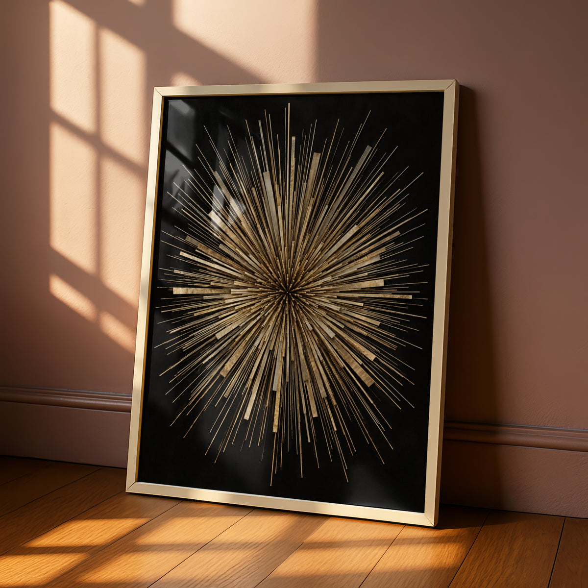 Gold Starburst Abstract Art Print, Bold Geometric Sunburst Poster, Black Gold Wall Art
