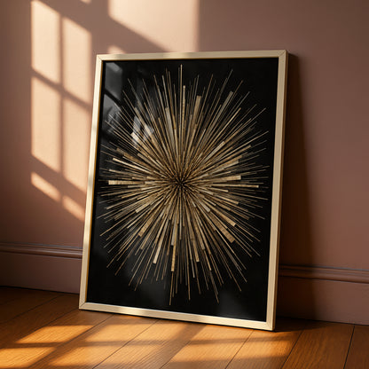 Gold Starburst Abstract Art Print, Bold Geometric Sunburst Poster, Black Gold Wall Art
