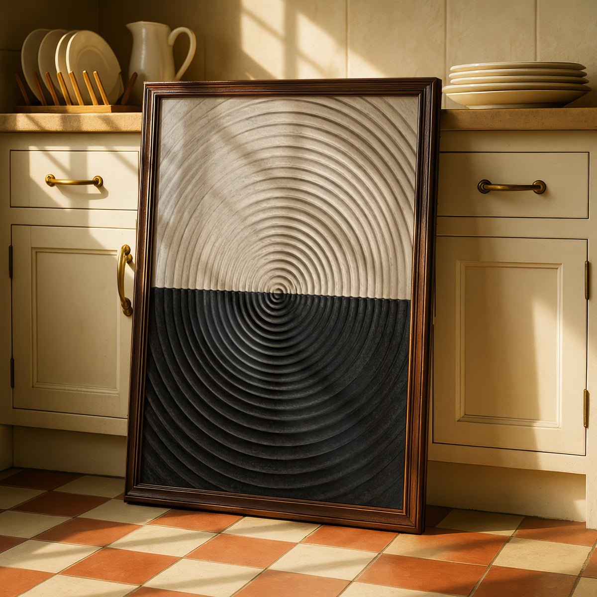 Concentric Circle Abstract Print, Neutral Beige Black Geometric Wall Art, Modern Poster