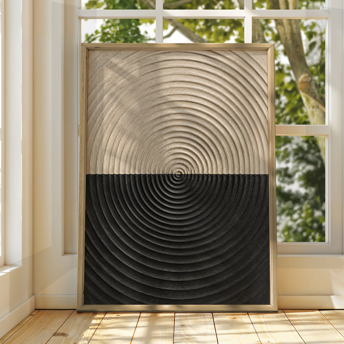 Concentric Circle Abstract Print, Neutral Beige Black Geometric Wall Art, Modern Poster