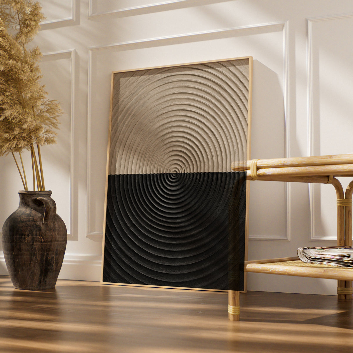 Concentric Circle Abstract Print, Neutral Beige Black Geometric Wall Art, Modern Poster