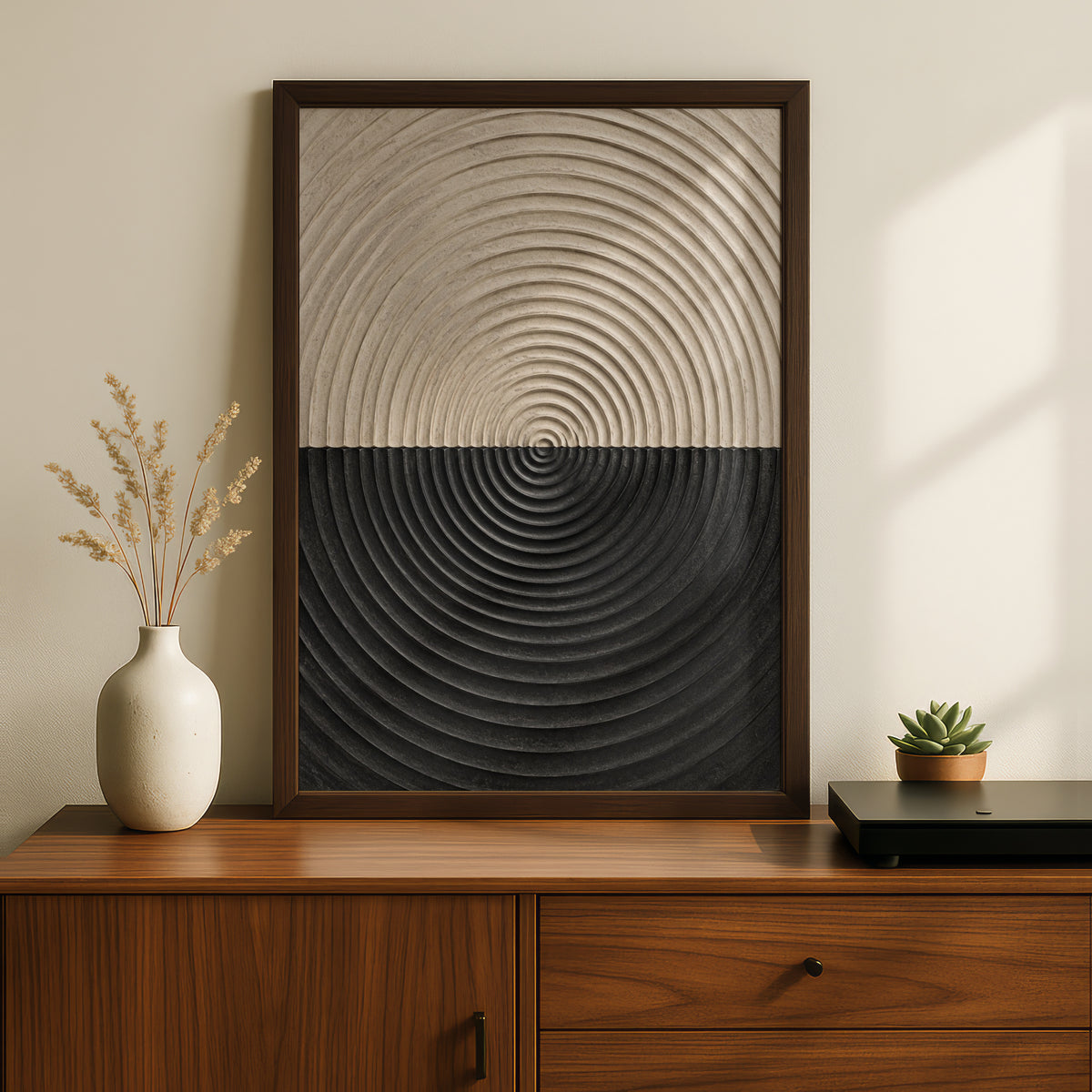 Concentric Circle Abstract Print, Neutral Beige Black Geometric Wall Art, Modern Poster