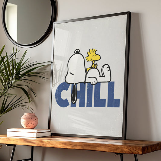 Sleepy Dog and Yellow Bird Chill Poster, Retro Cartoon Wall Art, Funny Quirky Bedroom Decor — framed room mockup