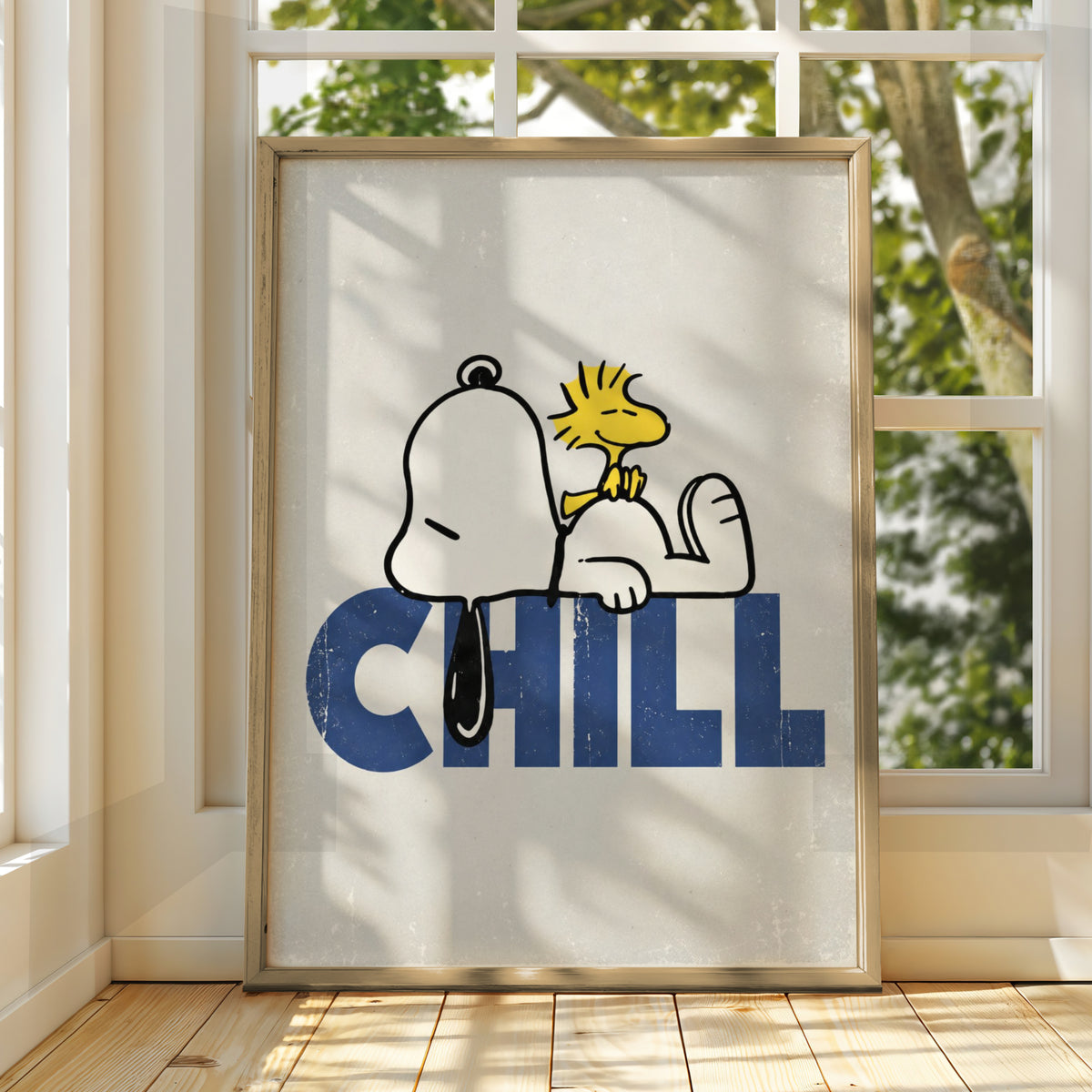 Sleepy Dog and Yellow Bird Chill Poster, Retro Cartoon Wall Art, Funny Quirky Bedroom Decor — styled room mockup 3