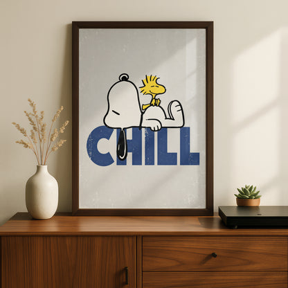 Sleepy Dog and Yellow Bird Chill Poster, Retro Cartoon Wall Art, Funny Quirky Bedroom Decor — styled room mockup 5