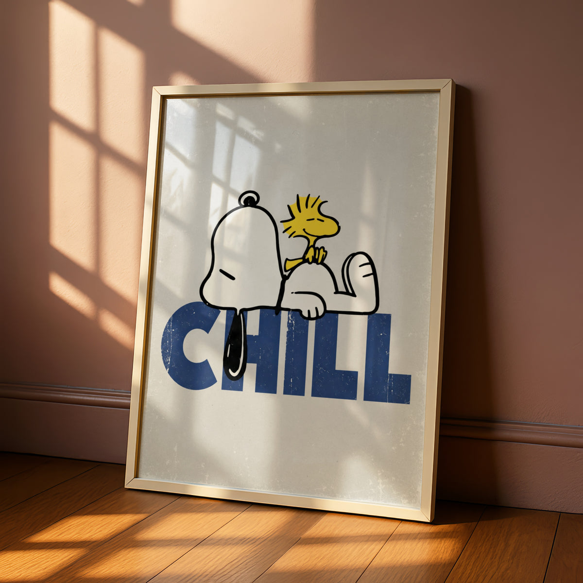 Sleepy Dog and Yellow Bird Chill Poster, Retro Cartoon Wall Art, Funny Quirky Bedroom Decor — styled room mockup 6