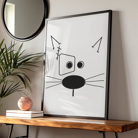 Abstract Cat Face Cartoon Poster, Funny Black and White Wall Art, Quirky Minimalist Line Art Print — styled room mockup 1