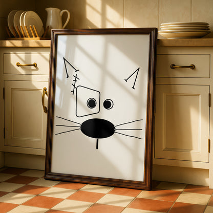 Abstract Cat Face Cartoon Poster, Funny Black and White Wall Art, Quirky Minimalist Line Art Print — styled room mockup 2