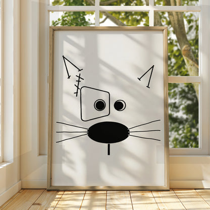Abstract Cat Face Cartoon Poster, Funny Black and White Wall Art, Quirky Minimalist Line Art Print — styled room mockup 3