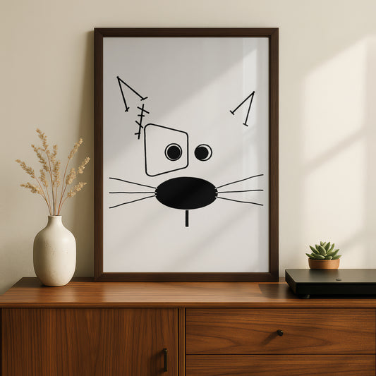 Abstract Cat Face Cartoon Poster, Funny Black and White Wall Art, Quirky Minimalist Line Art Print — styled room mockup 5