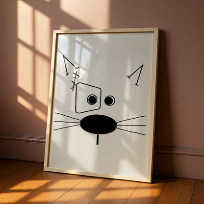 Abstract Cat Face Cartoon Poster, Funny Black and White Wall Art, Quirky Minimalist Line Art Print — styled room mockup 6