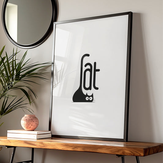 Black Cat Typography Cartoon Poster, Minimalist Cat Wall Art, Funny Quirky Print, Peeking Cat Decor — styled room mockup 1