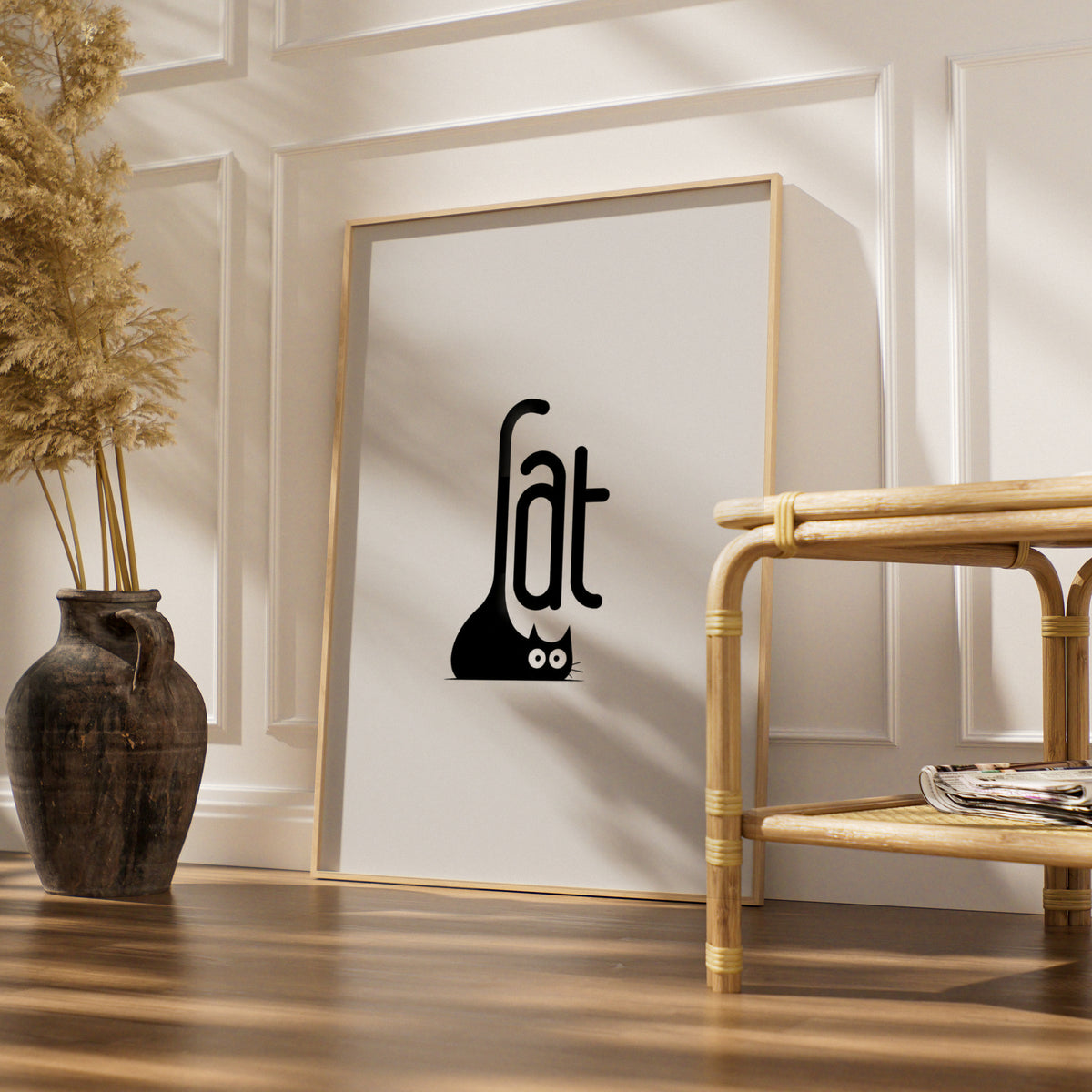 Black Cat Typography Cartoon Poster, Minimalist Cat Wall Art, Funny Quirky Print, Peeking Cat Decor — styled room mockup 4