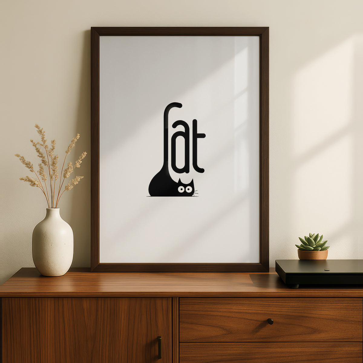 Black Cat Typography Cartoon Poster, Minimalist Cat Wall Art, Funny Quirky Print, Peeking Cat Decor — styled room mockup 5