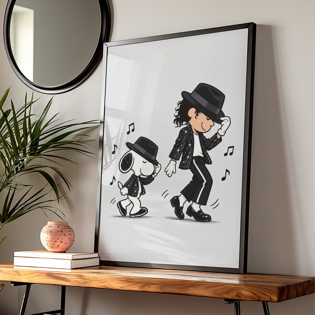 Dancing Beagle Cartoon Poster, Sequin Jacket Fedora Funny Print, Retro Music Quirky Wall Decor — styled room mockup 1