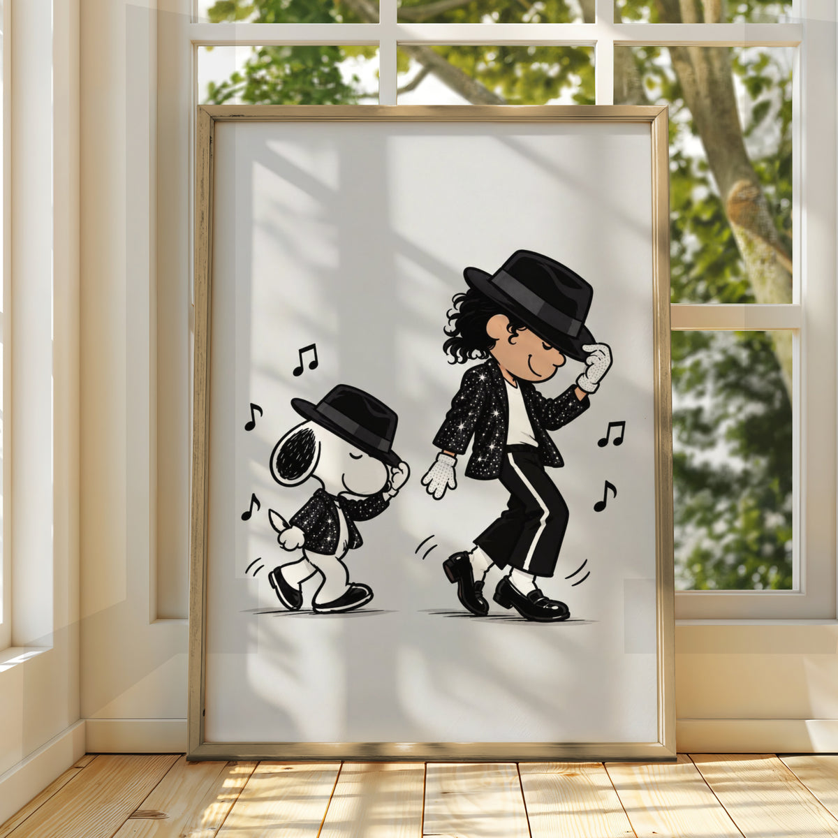 Dancing Beagle Cartoon Poster, Sequin Jacket Fedora Funny Print, Retro Music Quirky Wall Decor — styled room mockup 3