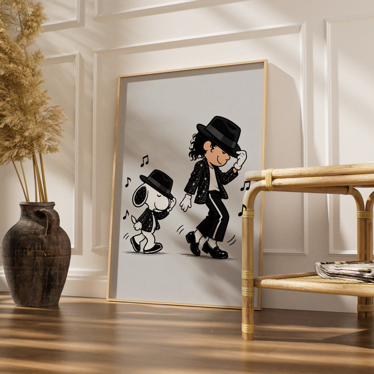 Dancing Beagle Cartoon Poster, Sequin Jacket Fedora Funny Print, Retro Music Quirky Wall Decor — styled room mockup 4