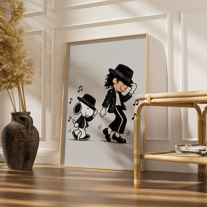 Dancing Beagle Cartoon Poster, Sequin Jacket Fedora Funny Print, Retro Music Quirky Wall Decor — styled room mockup 4
