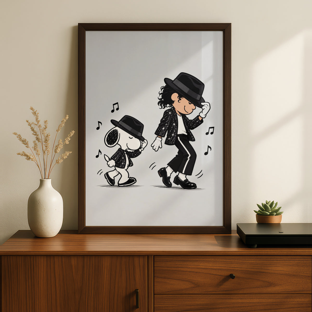 Dancing Beagle Cartoon Poster, Sequin Jacket Fedora Funny Print, Retro Music Quirky Wall Decor — styled room mockup 5