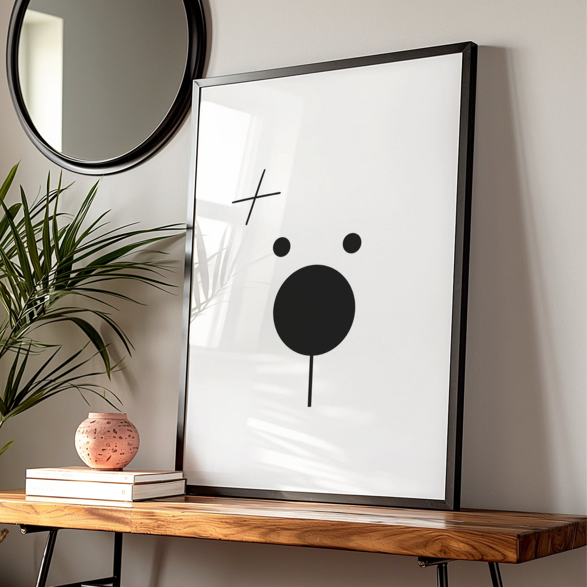 Minimalist Bear Face Cartoon Poster, Black and White Wall Art, Quirky Funny Animal Print — styled room mockup 1