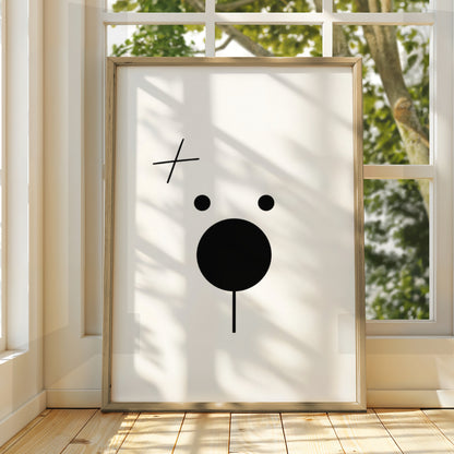 Minimalist Bear Face Cartoon Poster, Black and White Wall Art, Quirky Funny Animal Print — styled room mockup 3