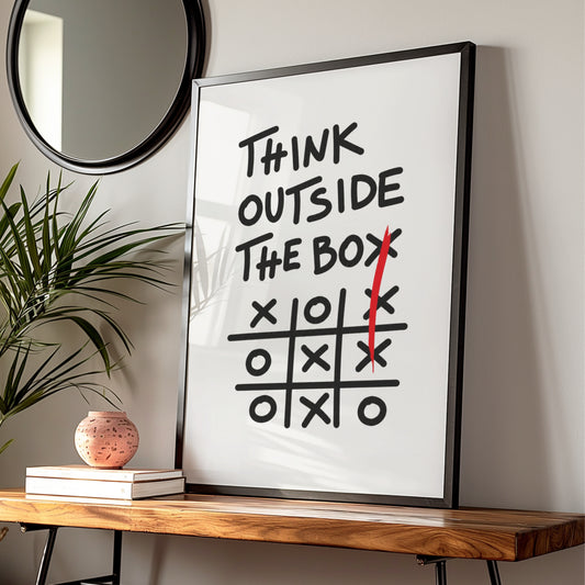 Think Outside The Box Cartoon Poster, Tic Tac Toe Wall Art, Funny Print, Quirky Wall Decor — styled room mockup 1