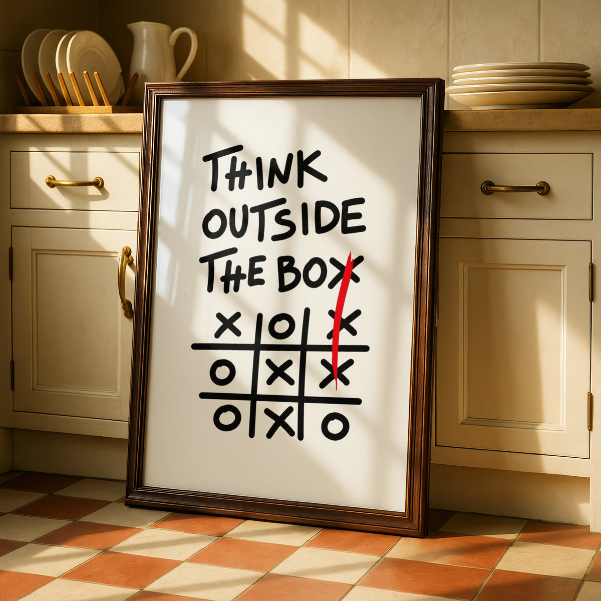 Think Outside The Box Cartoon Poster, Tic Tac Toe Wall Art, Funny Print, Quirky Wall Decor — styled room mockup 2
