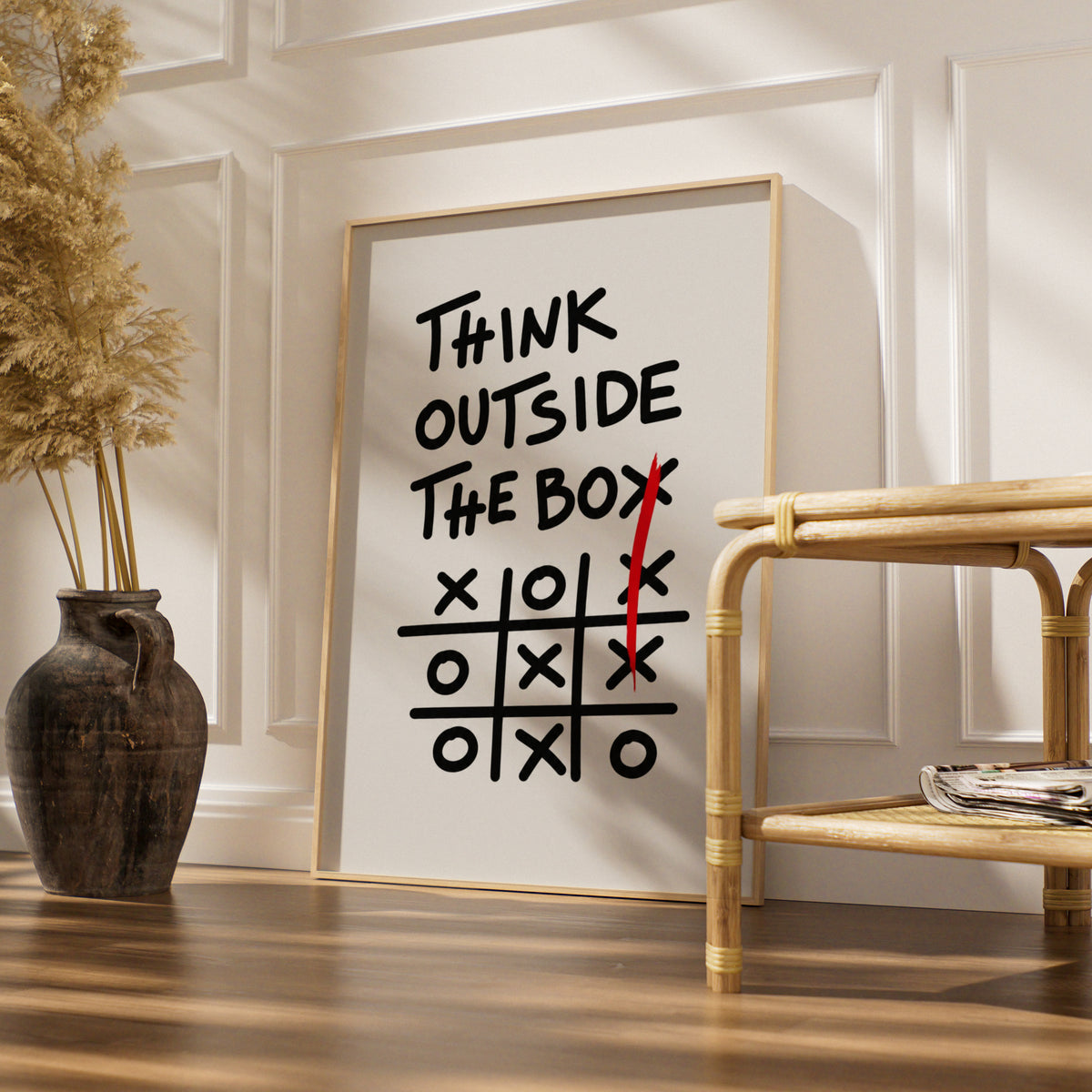 Think Outside The Box Cartoon Poster, Tic Tac Toe Wall Art, Funny Print, Quirky Wall Decor — styled room mockup 4