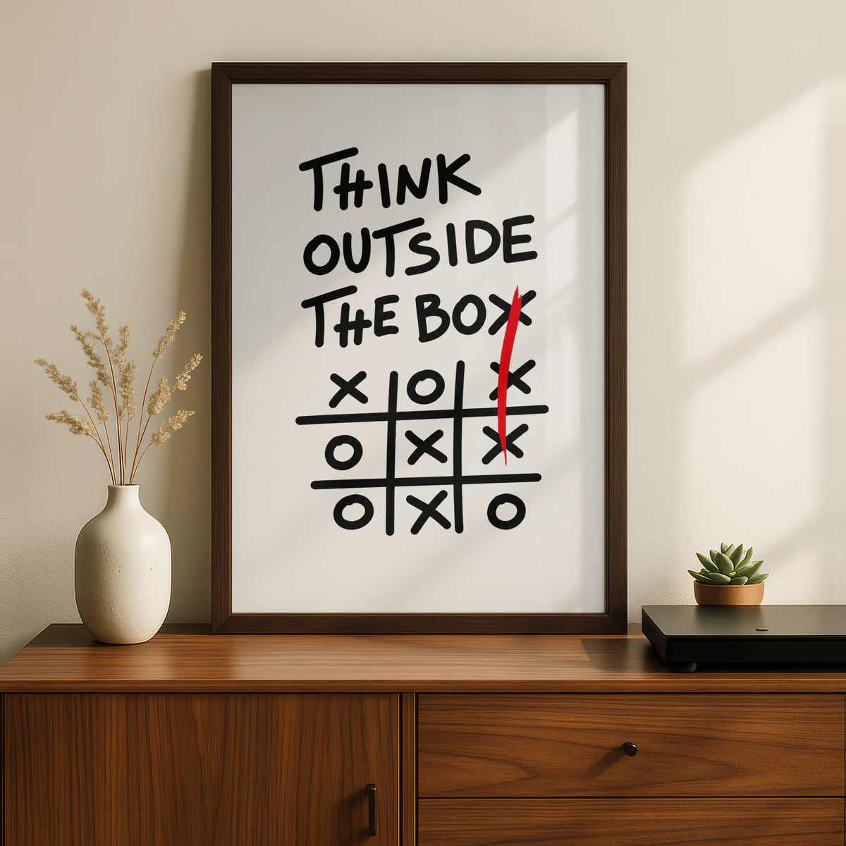 Think Outside The Box Cartoon Poster, Tic Tac Toe Wall Art, Funny Print, Quirky Wall Decor — styled room mockup 5