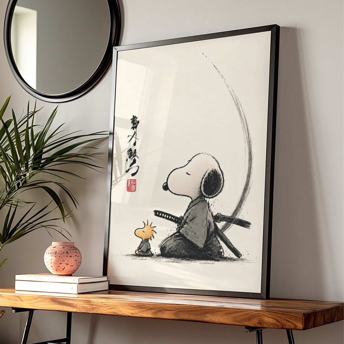 Samurai Beagle and Yellow Bird Cartoon Poster, Japanese Ink Wall Art, Retro Zen Funny Print — styled room mockup 1