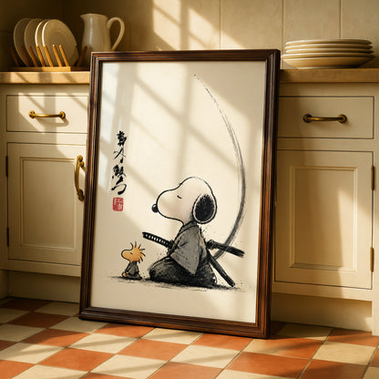 Samurai Beagle and Yellow Bird Cartoon Poster, Japanese Ink Wall Art, Retro Zen Funny Print — styled room mockup 2