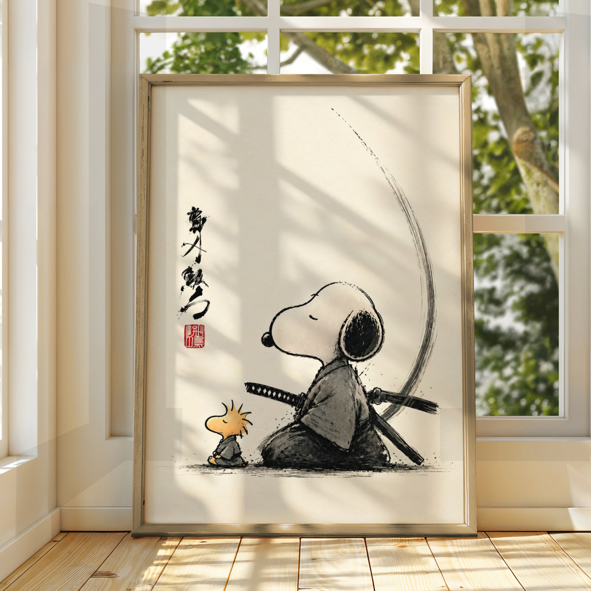 Samurai Beagle and Yellow Bird Cartoon Poster, Japanese Ink Wall Art, Retro Zen Funny Print — styled room mockup 3