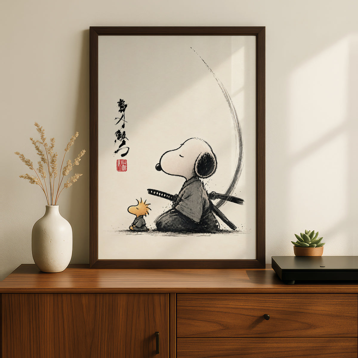 Samurai Beagle and Yellow Bird Cartoon Poster, Japanese Ink Wall Art, Retro Zen Funny Print — styled room mockup 5