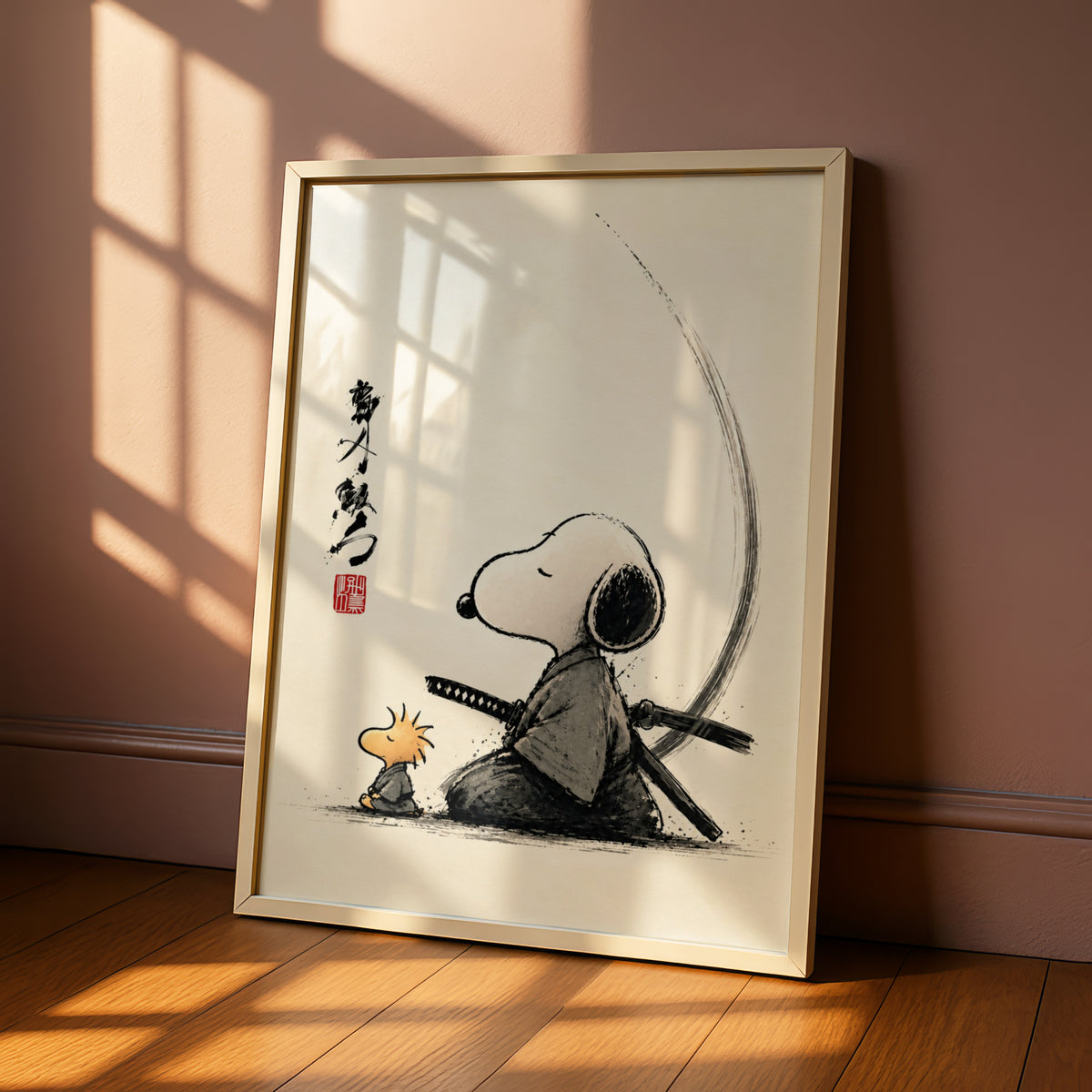 Samurai Beagle and Yellow Bird Cartoon Poster, Japanese Ink Wall Art, Retro Zen Funny Print — styled room mockup 6