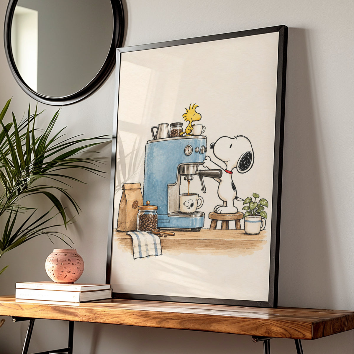 Beagle Dog Making Espresso, Retro Cartoon Poster, Funny Coffee Kitchen Wall Art, Quirky Decor — styled room mockup 1