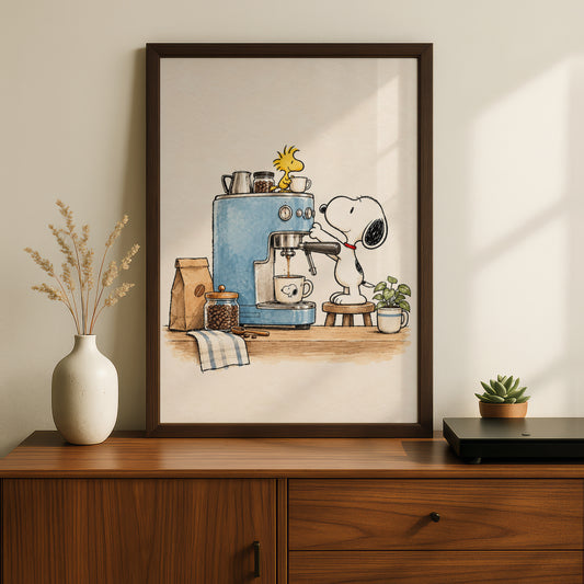 Beagle Dog Making Espresso, Retro Cartoon Poster, Funny Coffee Kitchen Wall Art, Quirky Decor — styled room mockup 5